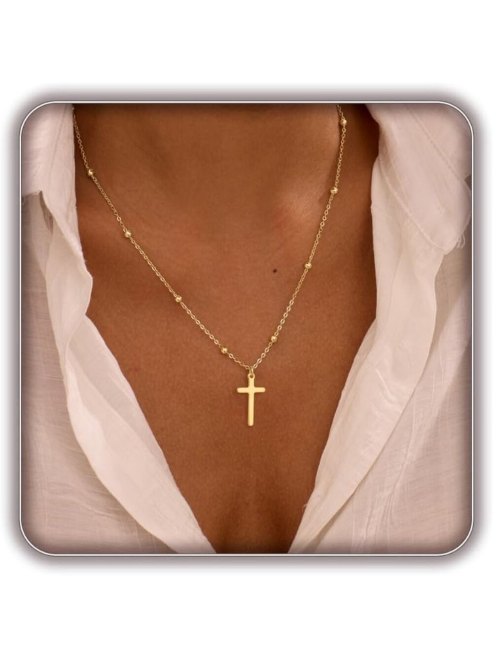 Dainty 14K Gold Plated Cross Necklace for Women - Simple Long Christian Jewelry
